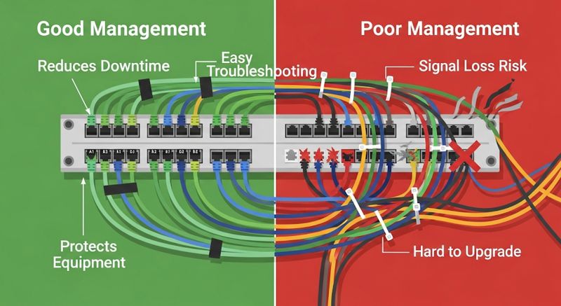 Comparison chart of standard vs. messy patch panels Comparison chart of standard vs. messy patch panels