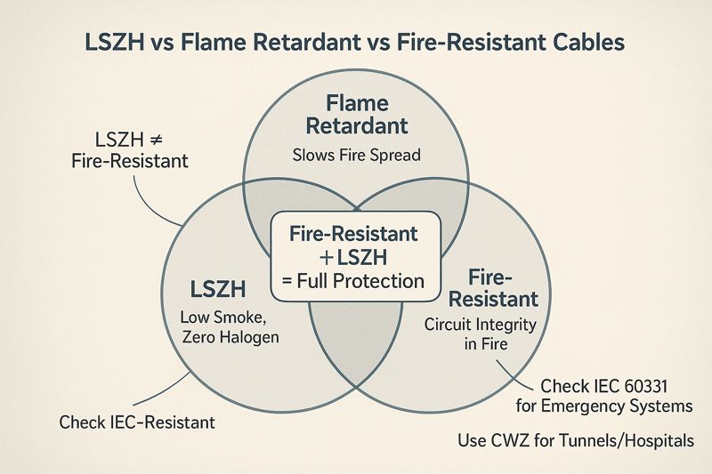 Relationship diagram between LSZH and flame retardantfire-resistant cables (differences between the three) Relationship diagram between LSZH and flame retardantfire-resistant cables (differences between the three)