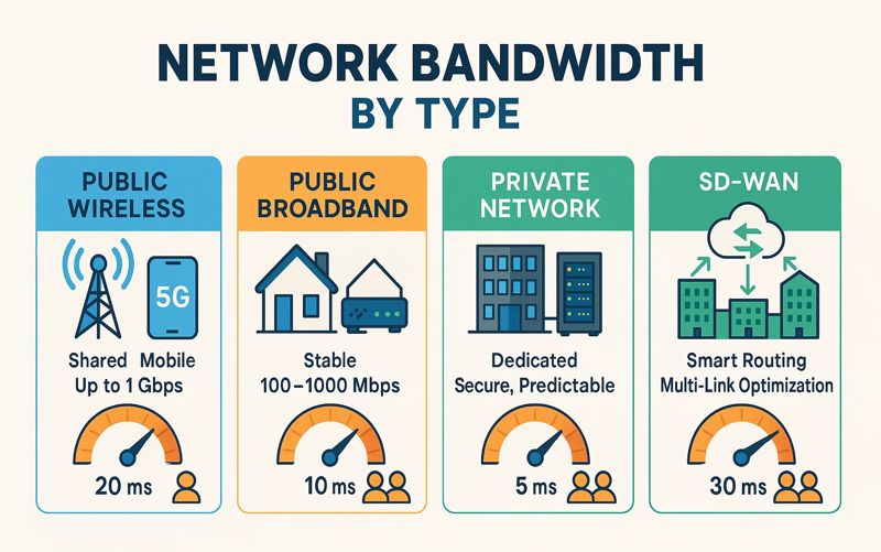Infographic comparing bandwidth across different network types (publicprivateSD-WAN) Infographic comparing bandwidth across different network types (publicprivateSD-WAN)