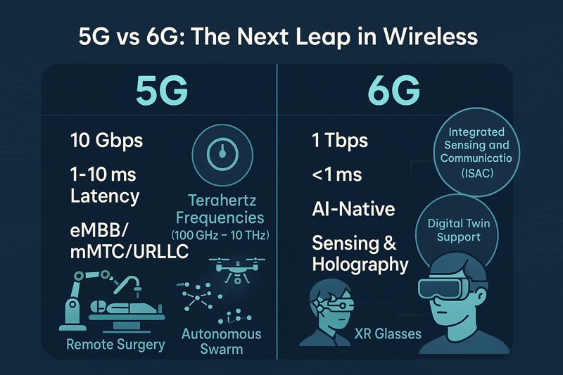 5G vs. 6G Key Performance Comparison Chart (Speed, Latency, Application Scenarios) 5G vs. 6G Key Performance Comparison Chart (Speed, Latency, Application Scenarios)