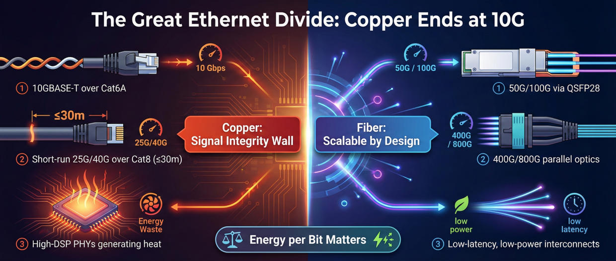 Copper Cable vs. Fiber Optic High-Speed Evolution Boundary Diagram (≤10G Copper Cable vs. ≥25G Fiber Optic) Copper Cable vs. Fiber Optic High-Speed Evolution Boundary Diagram (≤10G Copper Cable vs. ≥25G Fiber Optic)