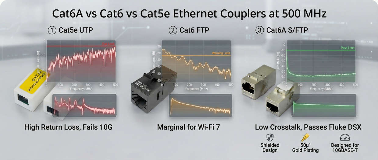 Cat6A vs Cat6 vs Cat5e Ethernet Couplers at 500 MHz Cat6A vs Cat6 vs Cat5e Ethernet Couplers at 500 MHz