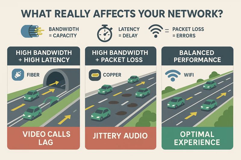 Comparison of the three major factors affecting network performance (bandwidth vs. latency vs. packet loss) Comparison of the three major factors affecting network performance (bandwidth vs. latency vs. packet loss)