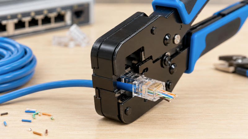 RJ45 Pass-Through Crimping Tool and Connector