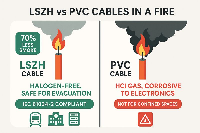 LSZH vs. PVC Cable Comparison Chart (Smoke, Toxicity, and Compliance) LSZH vs. PVC Cable Comparison Chart (Smoke, Toxicity, and Compliance)