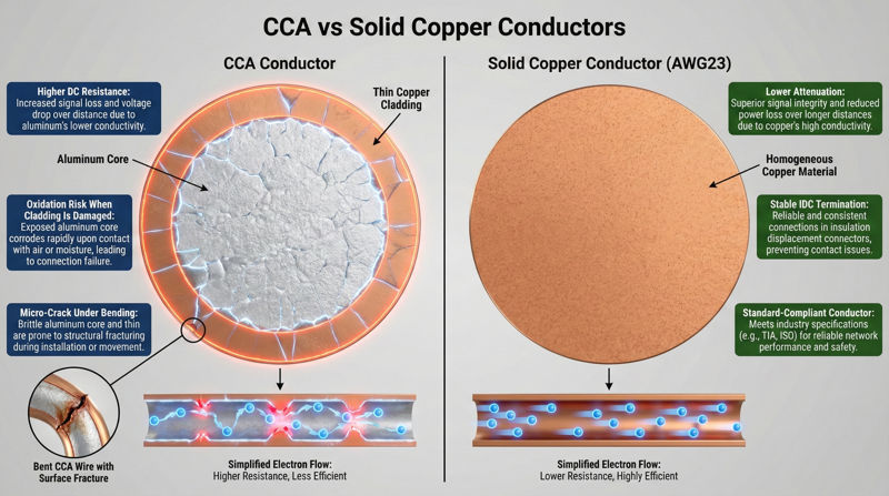 Cross-sectional view of CCA vs. pure copper conductor structure