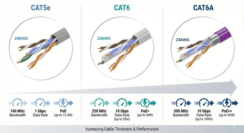 Technical illustration of CAT5e vs CAT6 vs CAT6A Technical illustration of CAT5e vs CAT6 vs CAT6A