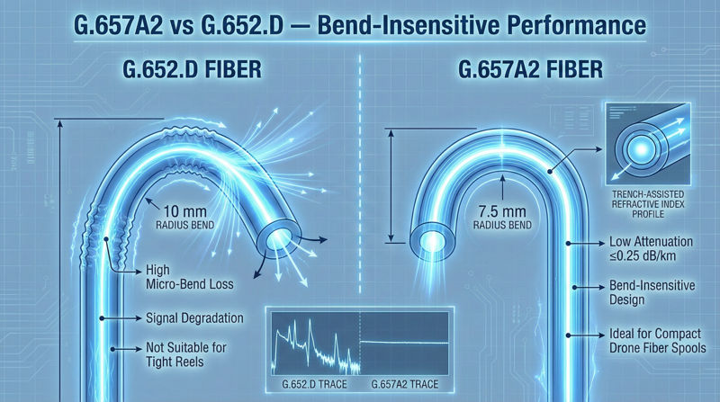 Comparison of bending loss between G.657A2 and G.652.D (signal stability at a radius of 7.5mm) Comparison of bending loss between G.657A2 and G.652.D (signal stability at a radius of 7.5mm)