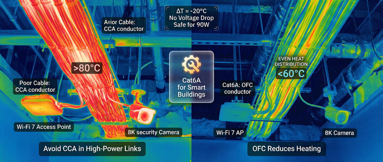 PoE++ high-density wiring thermal accumulation real-world image PoE++ high-density wiring thermal accumulation real-world image