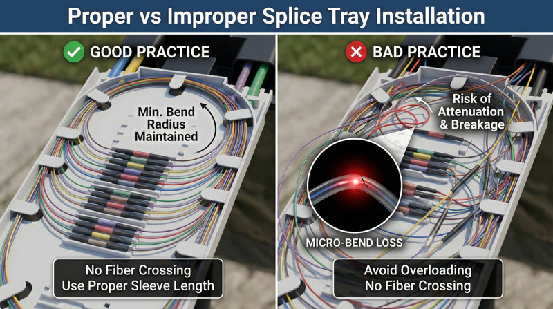 Fiber optic splice trays Comparison diagram of correct vs. incorrect installation
