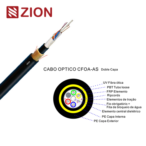 ADSS Doble capa PE CABO OPTICO CFOA-AS-200m COMPACTO E AUTOSUSTENTADO PARA VÃO ATÉ 6tubos+1Central