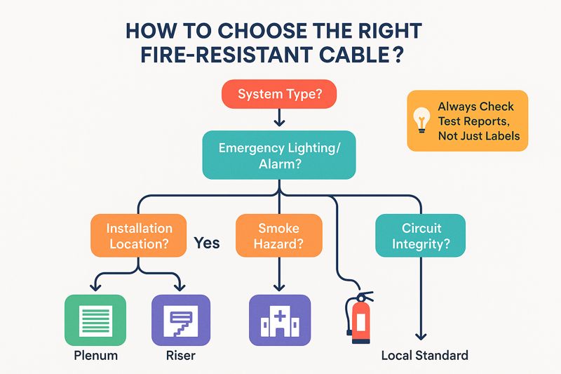 Fire-Resistant Cable Selection Decision Tree Infographic (5 Key Questions)