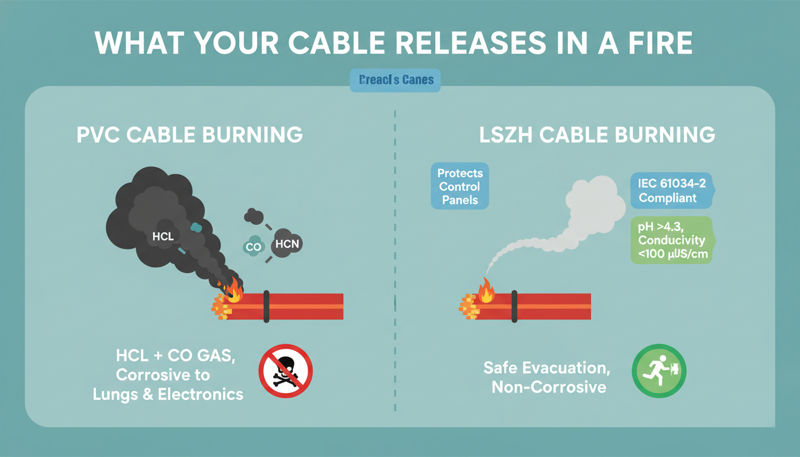 Comparison chart of toxic smoke and low-smoke zero-halogen (PVC vs. LSZH combustion hazards)