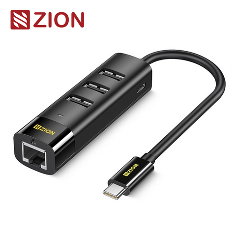 NO.ZCF108-Type-C/100Mbps Ethernet Adapter + 3-Port USB 2.0 Hub (Black)