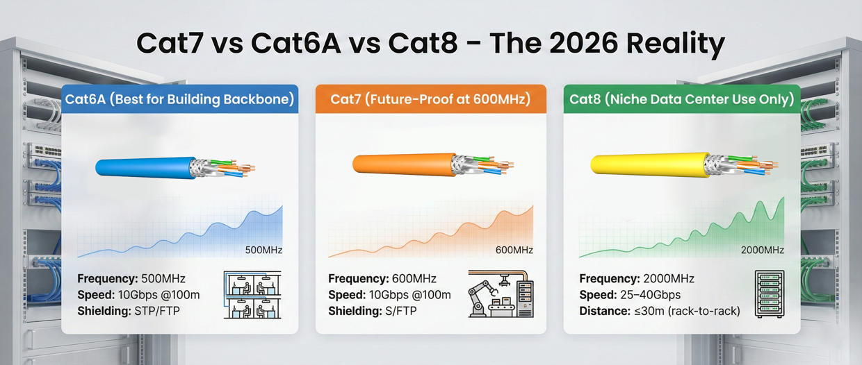 Cat7 vs Cat6A vs Cat8 - The 2026 Reality 