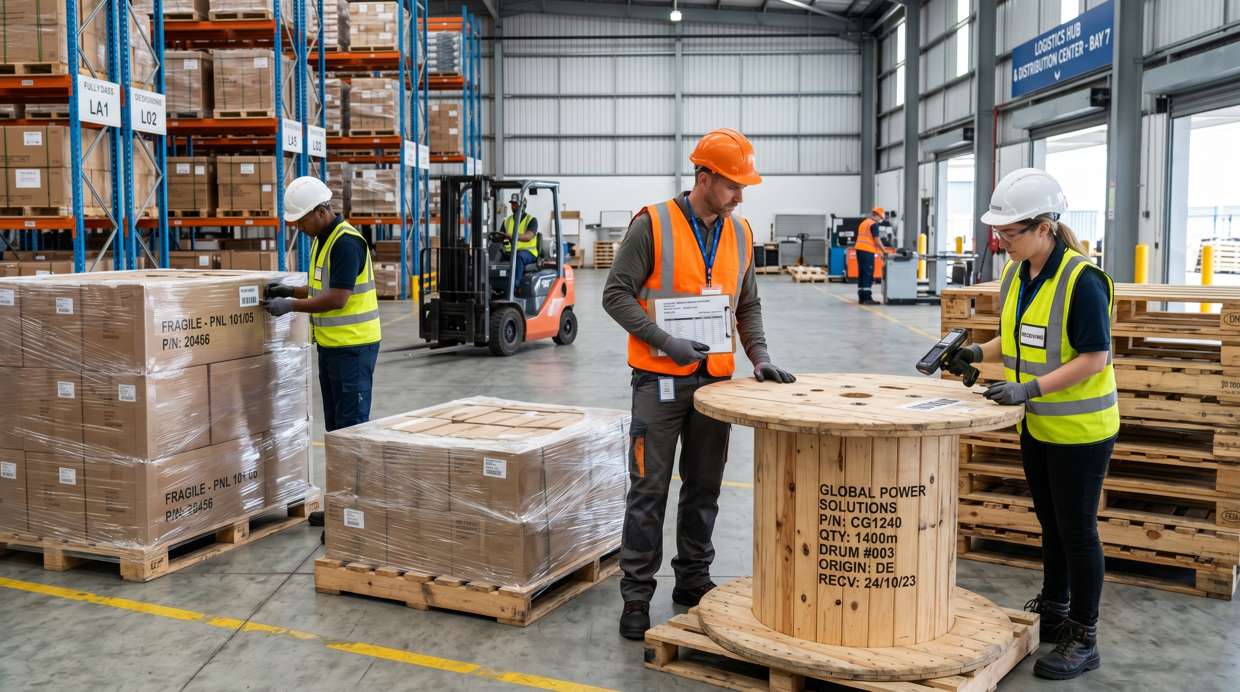 Forklift Handling Palletized Cable Shipment in Warehouse