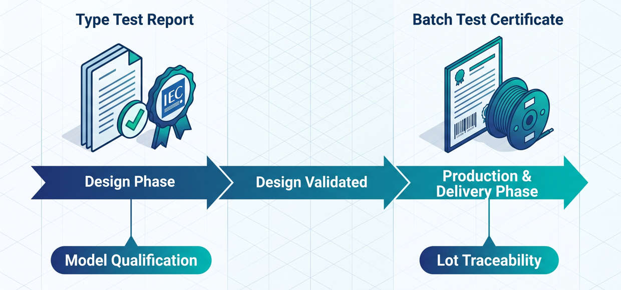 Visual workflow showing when to use Type Test Report vs Batch Test Certificate in cable procurement