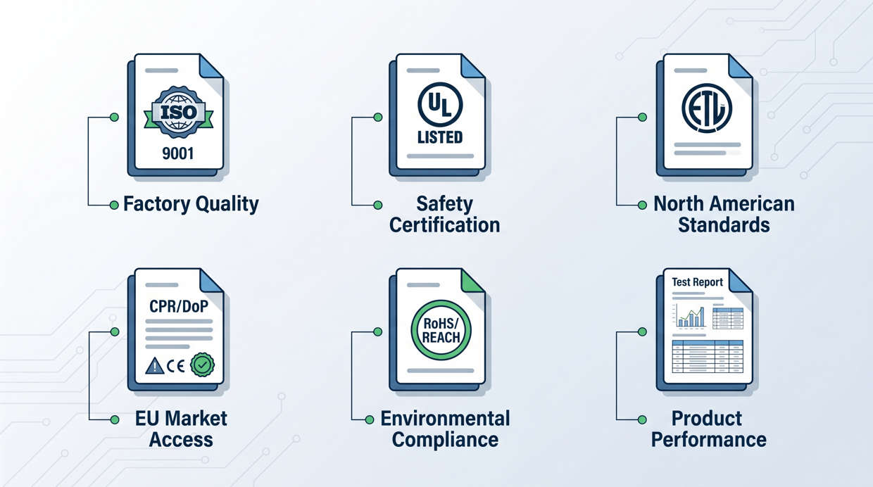 Cable Certificate Types Comparison - ISO 9001 UL ETL CPR RoHS REACH Compliance Documents Explained
