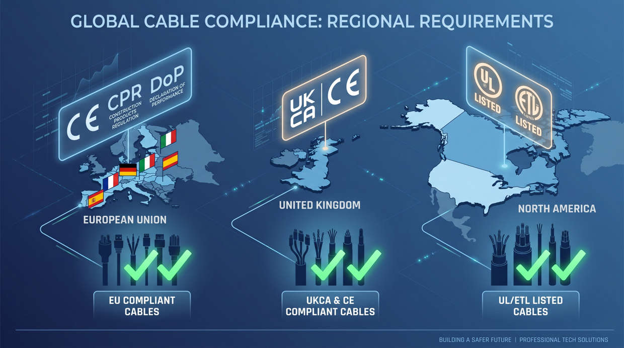 Global Cable Compliance Standards - EU CPR UKCA UL ETL Certification Requirements by Region