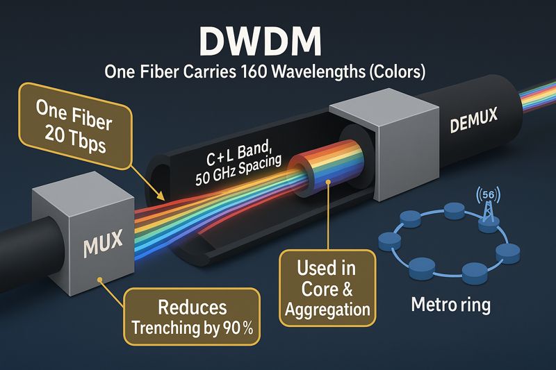 DWDM capacity expansion principle diagram (160 wavelengths per fiber, 20 Tbps)