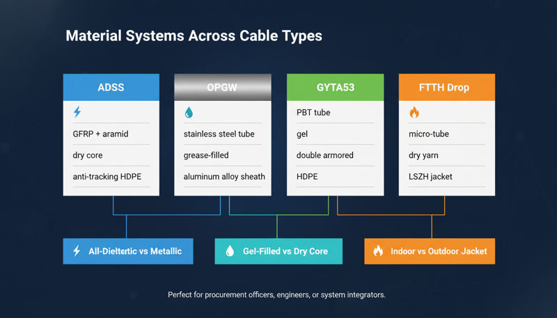 Comparison Infographic of Materials for Different Optical Cable Types (ADSS-OPGW-GYTA-FTTH)