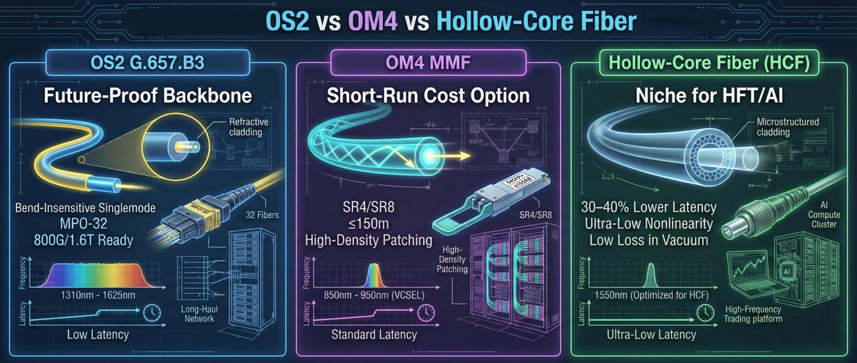 OS2 vs OM4 vs Hollow-Core Fiber