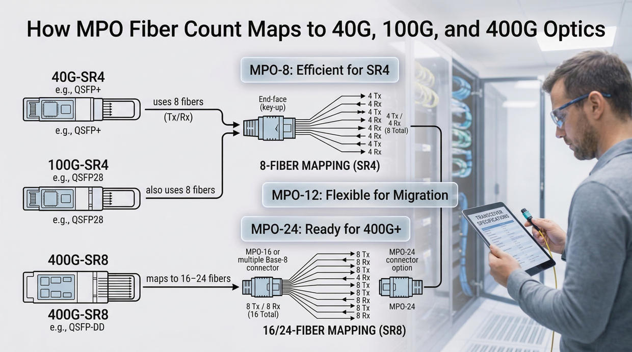 How MPO Fiber Count Maps to 40G, 100G, and 400G Optics