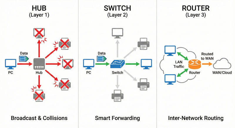 Hub vs Switch vs Router