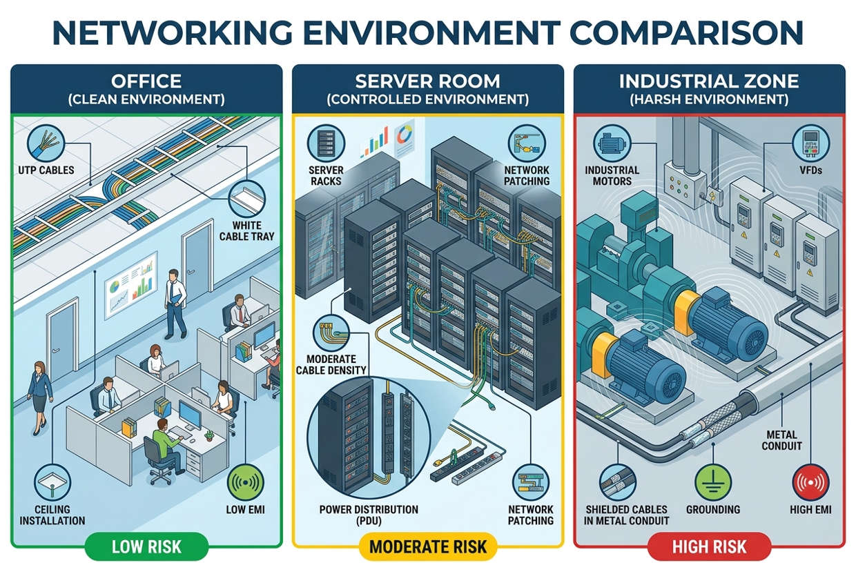 EMI Risk Levels Office vs Equipment Room vs Industrial Ethernet Cabling Environments