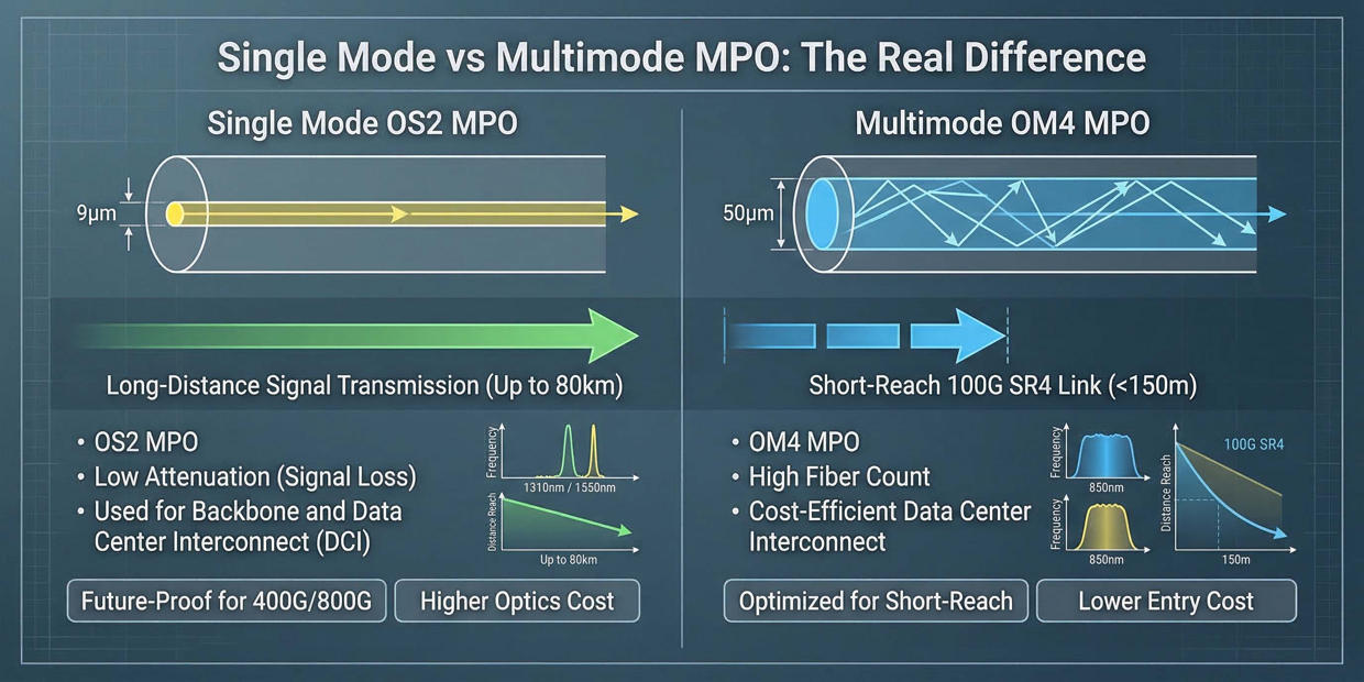 Single Mode vs Multimode MPO The Real Difference'. Left &ndash; OS2 MPO