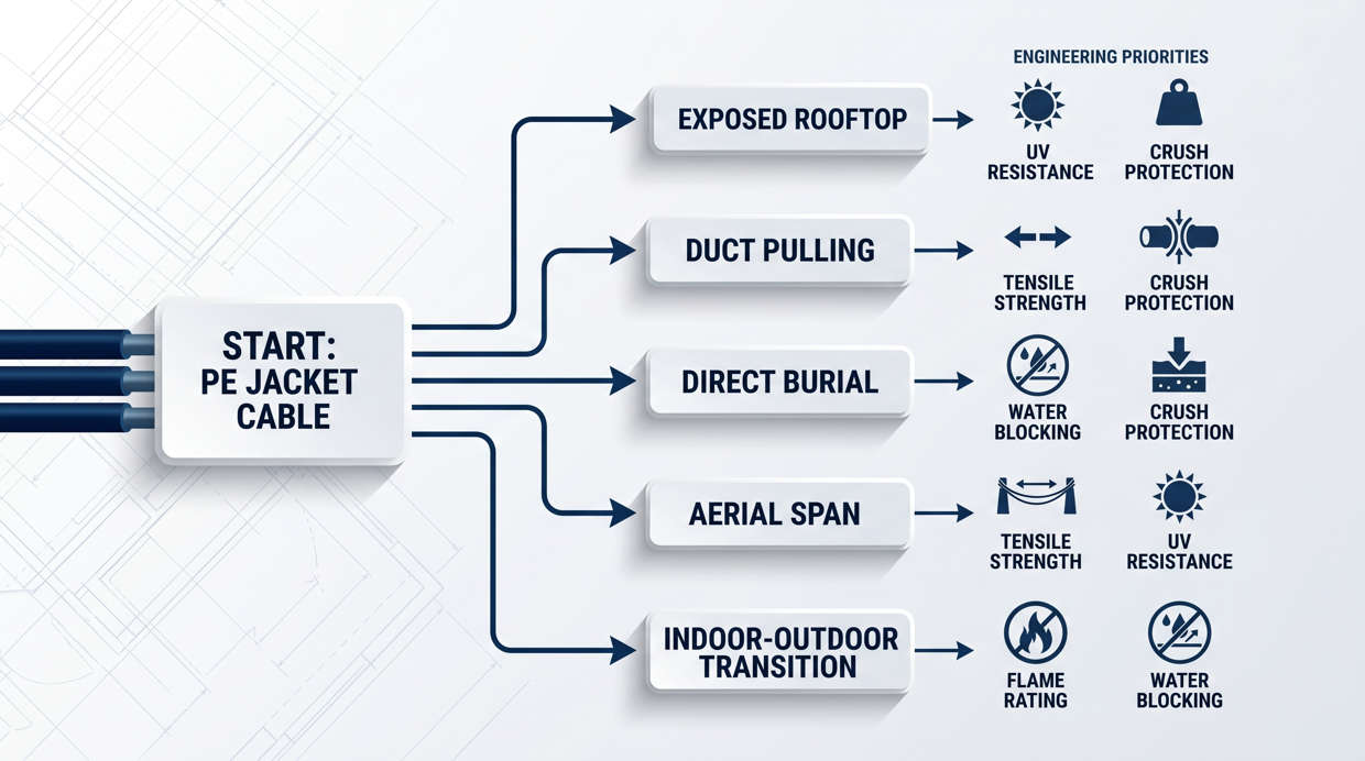 Outdoor Cable Installation Method Decision Guide - Aerial Duct Burial Indoor-Outdoor Transition Flowchart