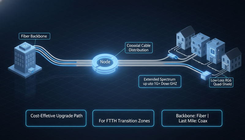 HFC Hybrid Network Architecture Diagram (Fiber to the Node + Coaxial Cable to the Home)