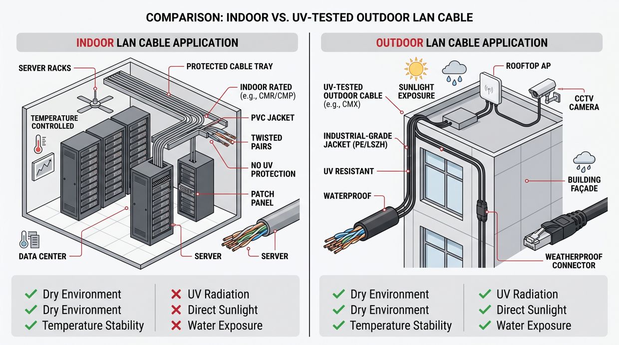 Outdoor vs Indoor LAN Cable UV Exposure Comparison