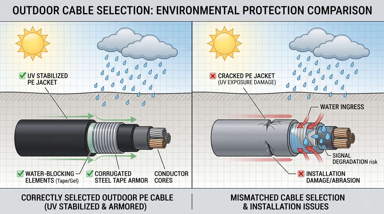 Avoid Outdoor Cable Selection Mistakes - PE Jacket UV Weathering Compliance Risk Comparison Visual