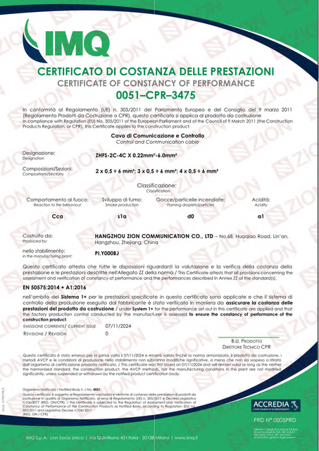 n° 0051-CPR- 3475 HANGZHOU ZION Cca S1a,do,a1-Control and Communication cable