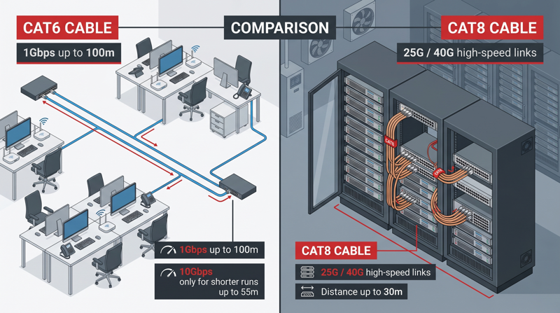 Cat6 vs Cat8 Speed and Distance Concept