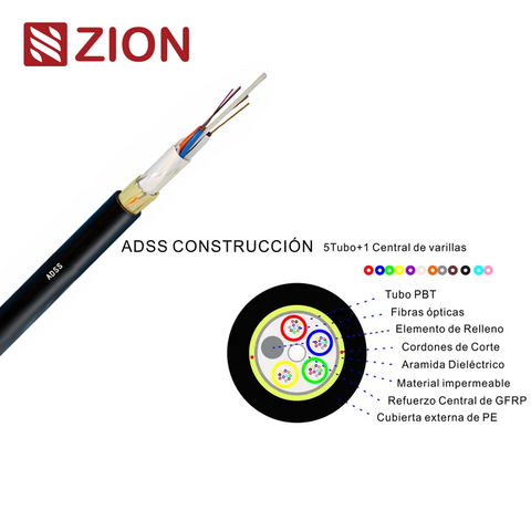 Dieléctricos y autosoportados (ADSS) Fibra óptica Cables LOOSE-TUBE totalmente Para instalación aérea De 6 a 60 ﬁbras 5tubos+1Central