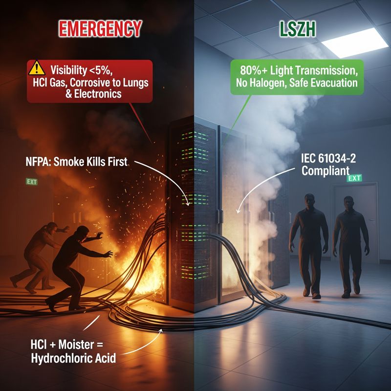 Comparison of smoke and toxicity in LSZH vs. PVC fires (personnel evacuation and equipment damage)