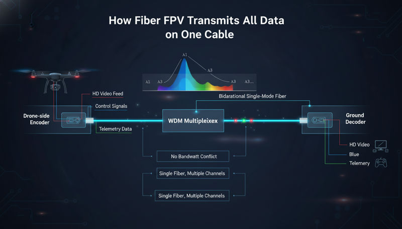 Working principle diagram of fiber optic FPV system (WDM-TDM multi-channel transmission)