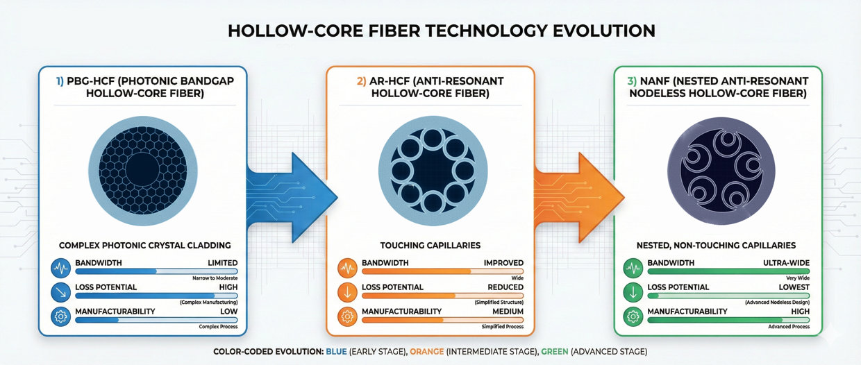 Evolution roadmap of hollow-core fiber technology (PBG &rarr; AR &rarr; NANF)