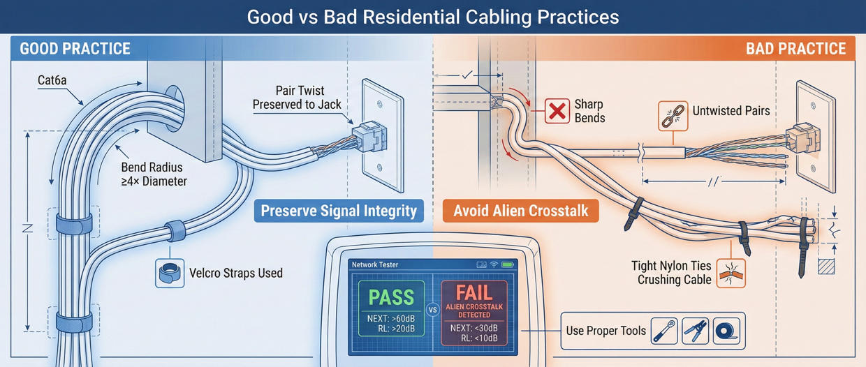 CAT6A - Comparison of Correct vs. Incorrect Installation (Bending RadiusTwisted Pair UntwistingNylon Cable Ties)