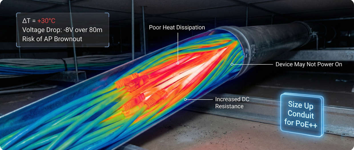 the risk of heat accumulation within the PoE++ conduit.