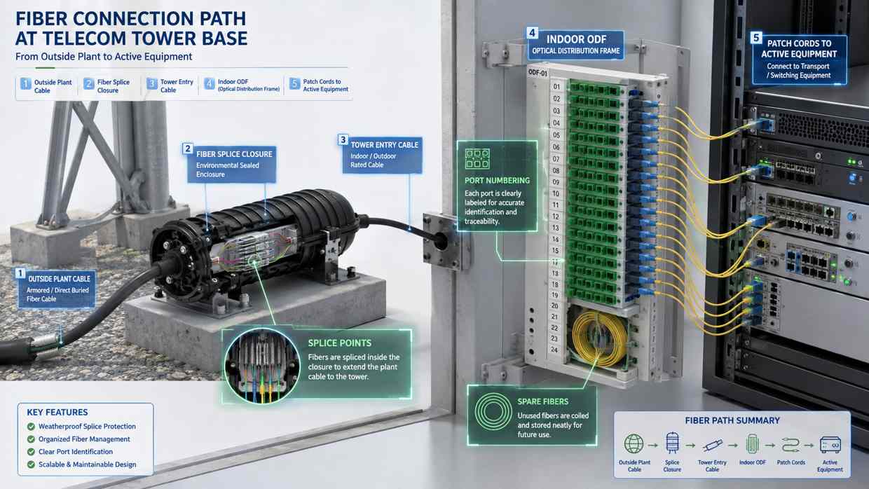 Fiber closure ODF and transport equipment connection path