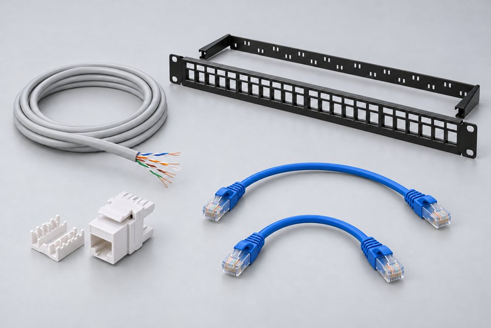 Cat6A UTP horizontal cable, 24-port patch panel, mini-body keystone jack and patch cords