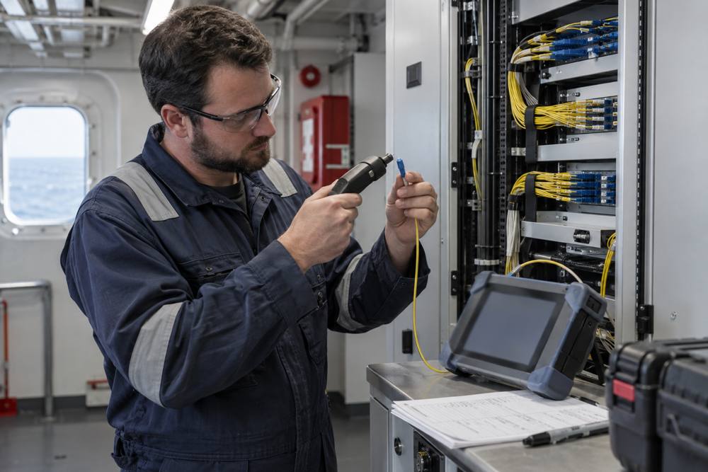 Engineer performing shipboard fiber inspection and acceptance checks