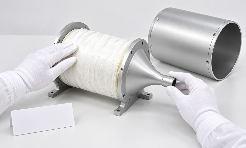 Gloved inspection of optical fiber winding and tapered outlet on a fiber drum