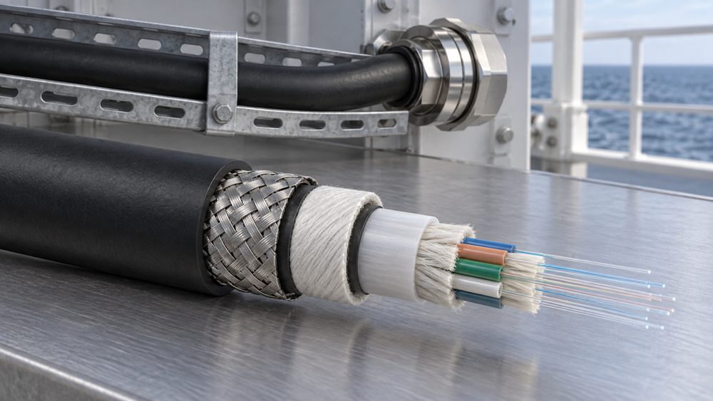 Generic shipboard fiber cable layers with metallic armor, outer sheath and sealed cable entry