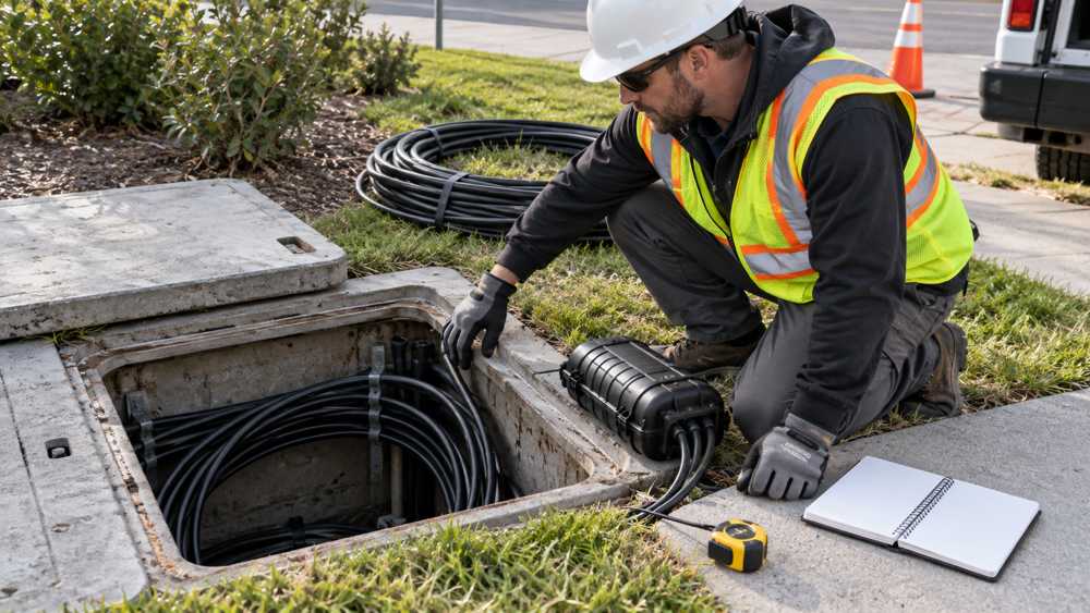 Technician checking cable routing and available space at an outdoor handhole