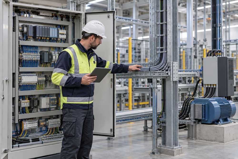 Engineer assessing control cable routing near cabinet and motor equipment