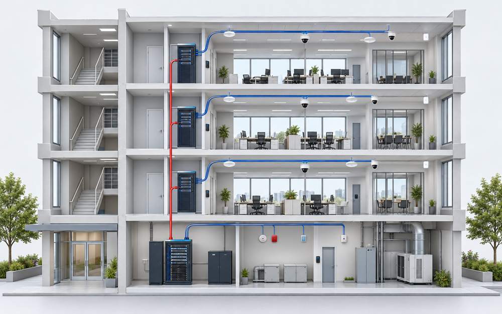 Smart building cutaway with fiber backbone, floor IDFs and connected systems